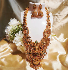 Nitya Jewels South Indian Traditional Jewellery Set | Gold-Plated With Green And pink Stone-Studded With Goddess Lakshmi design | Temple Jewellery Set and earrings For Girls And Womens