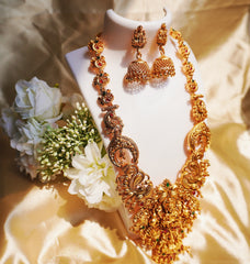 Nitya Jewels South Indian Traditional Jewellery Set | Gold-Plated With Green And pink Stone-Studded With Goddess Lakshmi design | Temple Jewellery Set and earrings For Girls And Womens