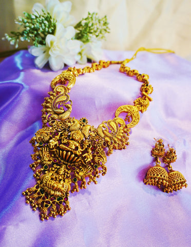 Nitya Jewels South Indian Traditional Jewellery Set | Gold-Plated With Green And pink Stone-Studded With Goddess Lakshmi design | Temple Jewellery Set and earrings For Girls And Womens