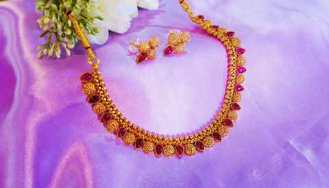 Nitya Jewels Indian Temple Gold Plated Pink Stone Choker Necklace Set With Studded Earring | Jewellery Set For Women