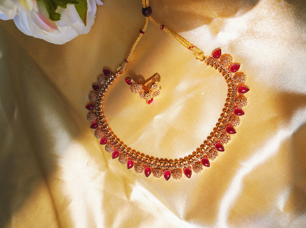 Nitya Jewels Indian Temple Gold Plated Pink Stone Choker Necklace Set With Studded Earring | Jewellery Set For Women