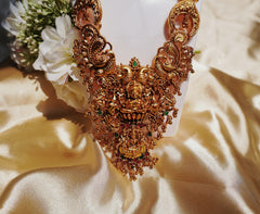 Nitya Jewels South Indian Traditional Jewellery Set | Gold-Plated With Green And pink Stone-Studded With Goddess Lakshmi design | Temple Jewellery Set and earrings For Girls And Womens