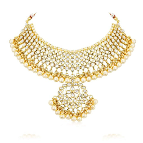Nitya Jewels Trendy Kundan Gold Plated Pearl Choker Necklace Set with Dangler Earrings & Maangtikka for Women & Girls