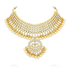 Nitya Jewels Trendy Kundan Gold Plated Pearl Choker Necklace Set with Dangler Earrings & Maangtikka for Women & Girls