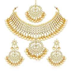 Nitya Jewels Trendy Kundan Gold Plated Pearl Choker Necklace Set with Dangler Earrings & Maangtikka for Women & Girls