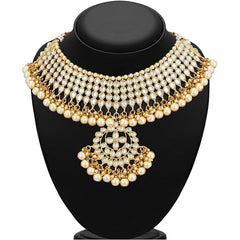 Nitya Jewels Trendy Kundan Gold Plated Pearl Choker Necklace Set with Dangler Earrings & Maangtikka for Women & Girls