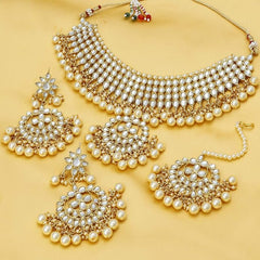 Nitya Jewels Trendy Kundan Gold Plated Pearl Choker Necklace Set with Dangler Earrings & Maangtikka for Women & Girls