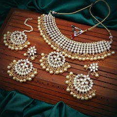 Nitya Jewels Trendy Kundan Gold Plated Pearl Choker Necklace Set with Dangler Earrings & Maangtikka for Women & Girls