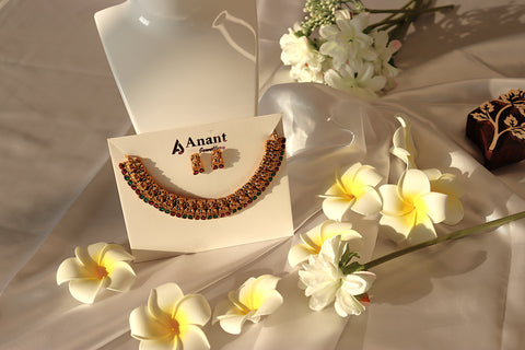 Nitya Jewels Luxury Gold-Plated Indian Bridal Set Green and Pink stone studded Chokar Jewelry Set Antique Necklace Set with Earrings For Women