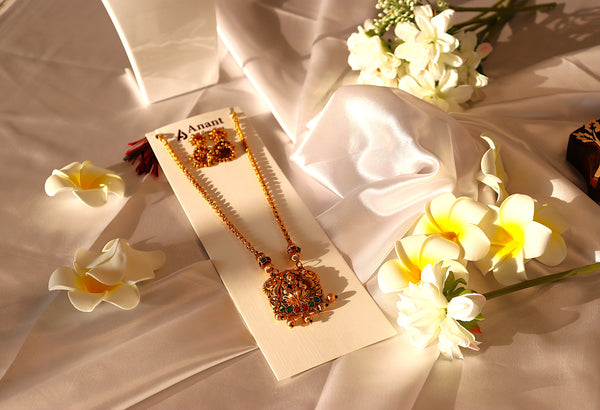 Nitya Jewels Traditional Goddess Kundan Pink and Green stone studded Gold-Plated Bridal Jewelry Set Antique Necklace Set with Earrings For Women