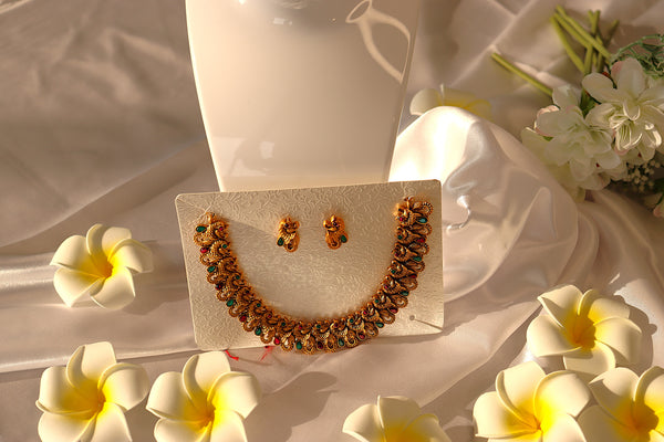 Nitya Jewels Divine Gold-Plated Indian Wedding Set pink and green stone studded Chokar Jewelry Set Traditional Jewelry Set Antique Necklace Set with Earrings  for Women