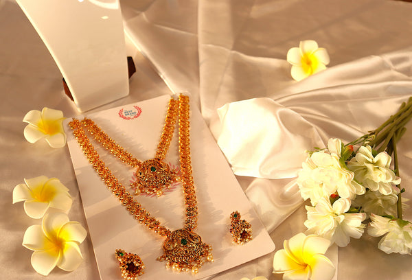 Nitya Jewels White Pearl with pink and green stone studded, goddess Pendant Necklace Jewellery Traditional Jewelry Set Antique Necklace Set with Earrings for Women