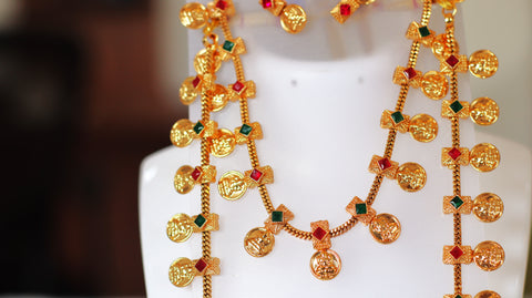 Nitya Jewels Green Synthetic Stone Studded Gold Plated Long Necklace with Choker & Earrings Set Ethnic Jewellery for Women