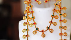 Nitya Jewels Green Synthetic Stone Studded Gold Plated Long Necklace with Choker & Earrings Set Ethnic Jewellery for Women