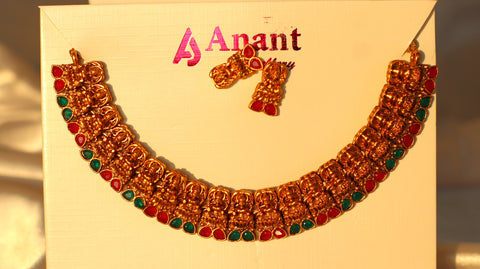 Nitya Jewels Luxury Gold-Plated Indian Bridal Set Green and Pink stone studded Chokar Jewelry Set Antique Necklace Set with Earrings For Women