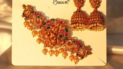 Nitya Jewels Royal Elegance  pink and green stone studded Gold-Plated Chokar Traditional Jewelry Set Antique Necklace Set with Earrings for Women