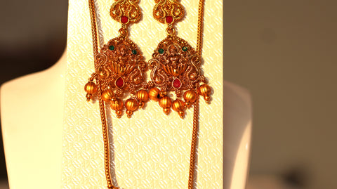 Nitya Jewels Regal Goddess Pendant Gold-Plated Indian Wedding Jewelry Traditional Jewelry Set Antique Necklace Set with Earrings