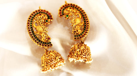 Nitya Jewels Gold-plated pearl & stone-studded peacock Traditional Ear Cuff/Kanphool Jhumki Earrings for Women | Antique Temple Jewelry with beautiful stones Stones | Festive & Bridal Earrings