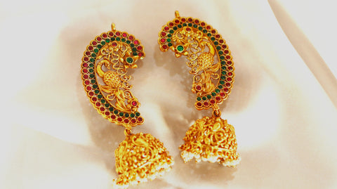 Nitya Jewels Gold-plated pearl & stone-studded peacock Traditional Ear Cuff/Kanphool Jhumki Earrings for Women | Antique Temple Jewelry with beautiful stones Stones | Festive & Bridal Earrings
