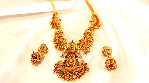 Nitya Jewels Traditional Rani Haar Laxmi Mata design Jewelry Set, Studded with Pink And Green stone, Necklace for Women