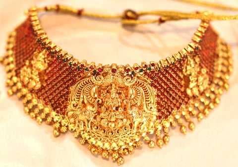 Nitya Jewels Laxmi mata design Temple Jewellery Set for women Traditional red and Green Temple Choker Necklace Set/Jewellery Set with Earrings for Women