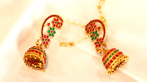 Nitya Jewels Floral Golden Pink Jhumkas Pearl Studded Drop Earrings For Women , Kanphool Earrings, Gold-plated artificial stones and beards classic drop earrings
