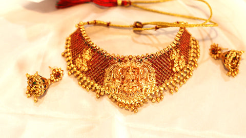 Nitya Jewels Laxmi mata design Temple Jewellery Set for women Traditional red and Green Temple Choker Necklace Set/Jewellery Set with Earrings for Women