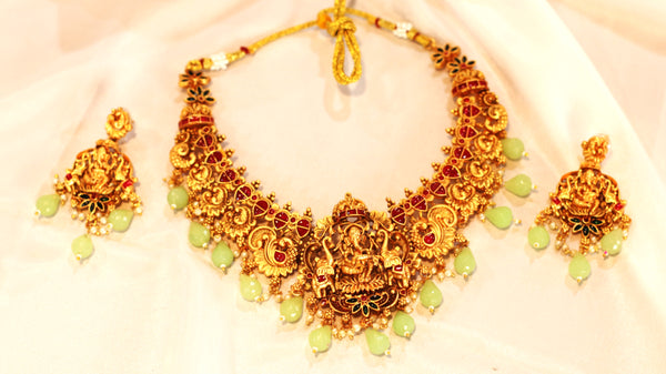 Nitya Jewels Lord Ganesha design Necklace Set for Women with Earrings for Girls and Women Stylish, Antique Jewellery set