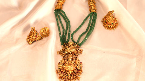 Nitya Jewels Glittering Temple Jewellery Green beads AstaLakshmi Stone Pendant with Earrings Jewellery set for Women