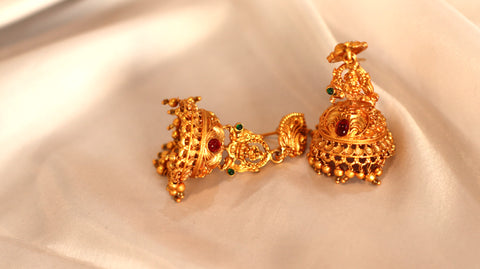 Nitya Jewels Dome Shaped Temple Jhumka Earrings for Women & Girls Traditional pink Stone Bridal Jewellery