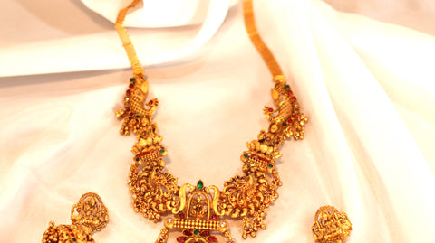 Nitya Jewels Traditional Rani Haar Laxmi Mata design Jewelry Set, Studded with Pink And Green stone, Necklace for Women