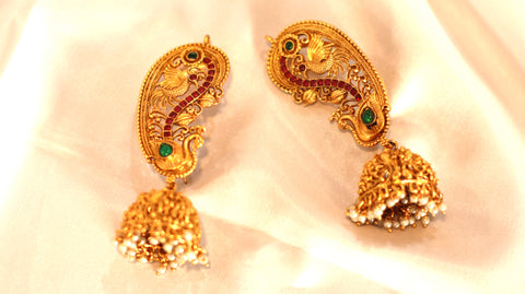 Nitya Jewels Traditional peacock Gold-Plated Designer Ear Cuff/Kanphool Jhumki Earrings for Women | Antique Temple Jewelry with pink stones & Emerald Stones | Festive & Bridal Earrings