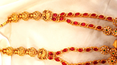 Nitya Jewels Pink stone with goddess laxmi mata design Stylish Long Design Necklace with earrings Wedding Traditional Jewellery Set For Women